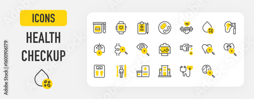 Health checkup icons. Eye, Dumbbell, Mammogram, Brain, Ear, Heart, Kidney, Medical Prescription, Virus, Body Scale, Urine, Blood Cells, Lungs, Bones, Height vector stroke illustration.	