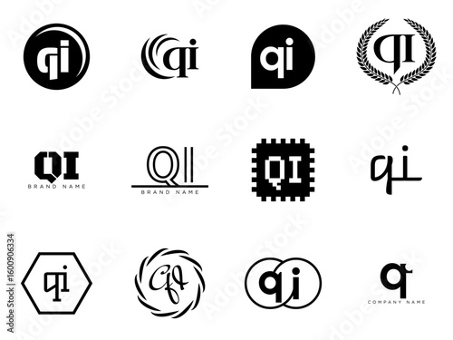 QI logo company template. Letter q and i logotype. Set different classic serif lettering and modern bold text with design elements. Initial font typography.