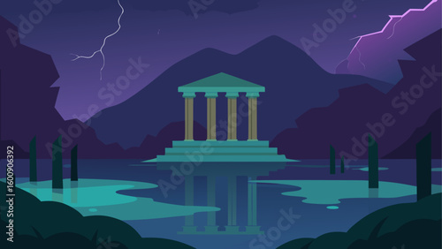 Lost Greek Structure Submerged in Ghostly Swamp Landscape