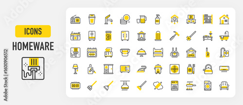 Homeware icons. Bath Tub, Book Shelf, Dish Washer, Air Cooler, Vacuum Cleaner, Trash Can, Iron, Garage, Liquid Soap, Workplace, Tooth Brush, Kettle vector stroke illustration.	
