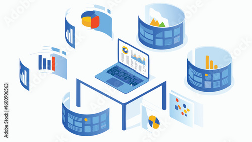 Isometric view of a laptop on a table surrounded by curved screens displaying various data visualizations