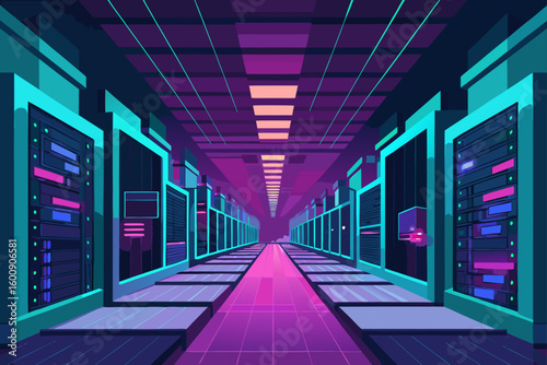 Neon Lit Server Room Interior with Endless Rows of Tech