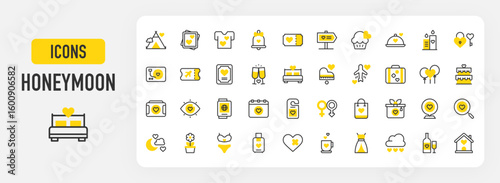 Honeymoon icons. Heart, Ticket, Bag, Flower, Lingerie, Luggage, Coffee, Dress, Cloud, Wine, House, Tent, Picture, T Shirt, Bell, Ticket, Direction, Cupcake vector stroke illustration.	
