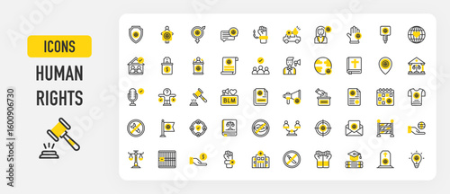 Human rights icons. Support, Auction, Family, Law Book, Education, Solidarity, Women Rights, Vote, Unity, Morality, Charity , Manifesto, Jail, Rejection vector stroke illustration.	
