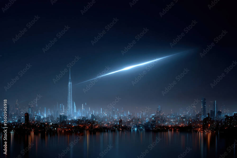 Fototapeta premium Futuristic city skyline at night with light beam crossing the sky