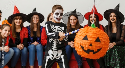 Children Enjoying Halloween Party Smashing a Pumpkin Piñata