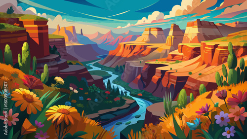 The Grand Canyon spring panorama glows with wildflowers dancing along red cliffs, while golden sunlight pours into deep shadows — a vibrant and majestic vector scene of depth and color.