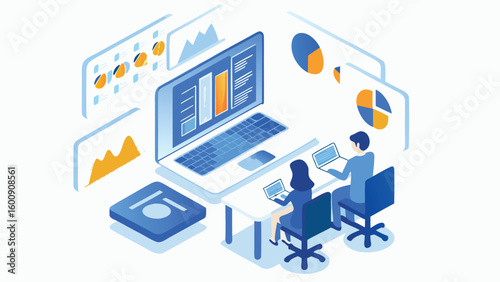 Isometric illustration of people working with laptops and analyzing data charts and graphs displayed around them