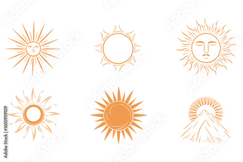 Hand drawn suns rays of light engraved in old vintage style. Solar power and waves. Ecology symbol of reusable energy sunbeams