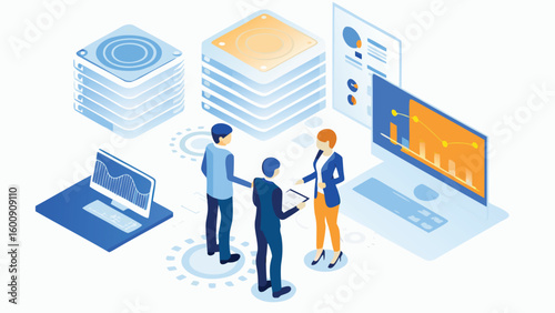 Isometric view of business team discussing data analytics with servers and monitors displayed around them