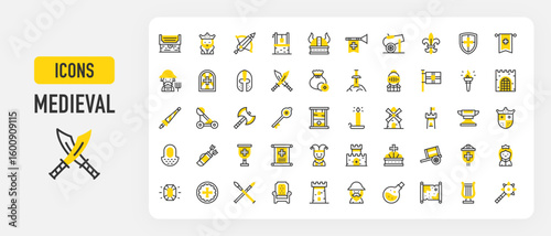 Medieval icons. Windmill, Tower, Well, Cart, Sorcerer, Gate, Goblet, Fleur De Lis, Helmet, Potion, Gemstone, Crown, Heraldic Flag, Queen, Coin, Spears vector stroke illustration.	
