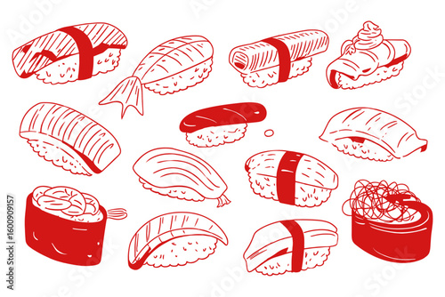 Hand Drawn Illustration Traditional Japanese Sushi Line Art Set.