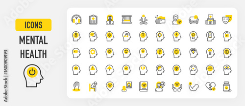 Mental health icons. Peace Of Mind, Exhaustion, Critical Thinking, Curious, Loneliness, Inner Dialogue, Time, Bipolar, Purpose, Optimism, Inspiration vector stroke illustration.	
