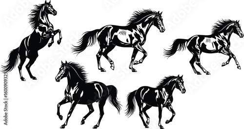 Silhouette of running horses, black horse illustration set, wild stallion movement, horse galloping design, equestrian clipart, dynamic animal poses, powerful horse vector graphics