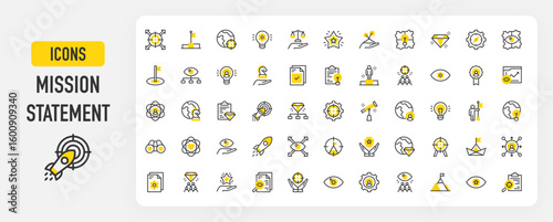 Mission statement icons. Mission, Vision, Core Focus, Core Value, Research, Values, Excellence, Ideas, Goal vector stroke illustration.	
