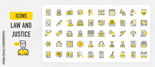 Set of Law And Justice vector stroke icons. such as Money, Calendar, News, Convict, Law, Gavel, Desk, Hourglass, Criminal Database, Taxation, Jury, Footprint, Quill, Gun illustration.	
