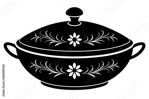 Elegant Floral Porcelain Tureen with Lid – Exquisite Vintage-Style Serving Dish Silhouette Vector Art