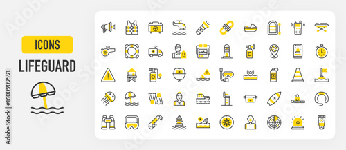 Lifeguard icons. Jellyfish, Ambulance, Danger, Megaphone, Radar, Cpr, Rope, Compass, Stopwatch, Defibrillator, Lifebuoy, Stretcher, Binoculars, Goggles vector stroke illustration.	
