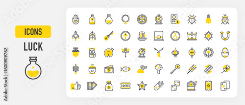 Luck icons. Slot Machine, Fortune Wheel, 8 Ball, Key, Cornicello, Thumb Up, Saphire, Fish, Ladybug, Poker Cards, Easter Egg, Dice, Money, Ticket, Bullseye vector stroke illustration.	
