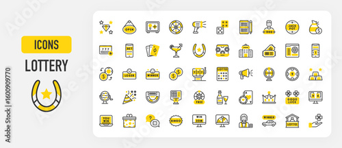 Lottery icons. Lotto, Baccarat, Celebration, Free Spin, Lottery, Luck, Ticket Scanning, Megaphone, Winner, Poker, Roulette, Open, Good Luck, Crown, Gambling vector stroke illustration.	
