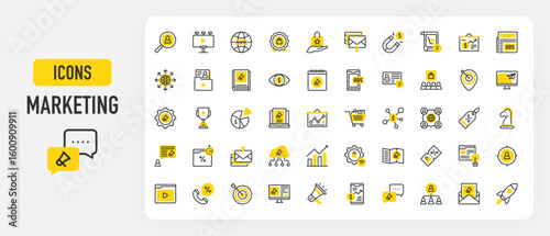 Marketing icons. Bar Chart, Send, Website, Idea, Rocket, Megaphone, Worldwide, Target, Research, Presentation, Eye, Marketing, Sale, Level vector stroke illustration.	
