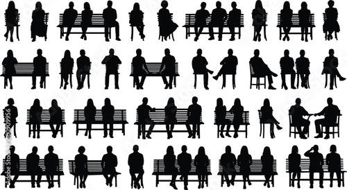 Silhouettes of people sitting on benches and chairs, variety of seated postures, social interaction and relaxation poses, minimalist black graphic set, isolated style