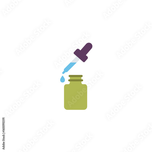 Medical dropper dispensing a blue liquid solution into an open olive green bottle for science and healthcare applications.