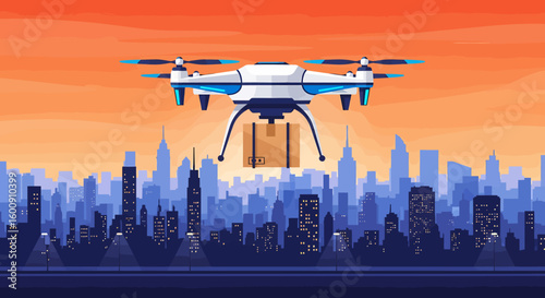 Modern Drone Delivering Package Over Cityscape at Sunset, Vector Illustration