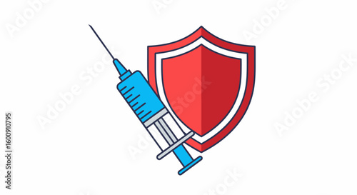 Vaccination Shield: Blue Syringe and Red Protective Shield Icon