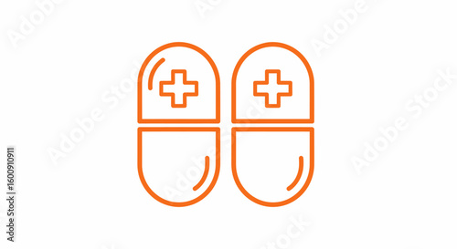 Two Orange Outline Pills with Cross Symbols, Medical Healthcare Concept