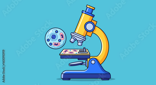 Cartoon Microscope with Cells, Yellow and Blue, Science Illustration