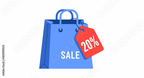 Blue Shopping Bag with Sale Tag Showing Twenty Percent Discount