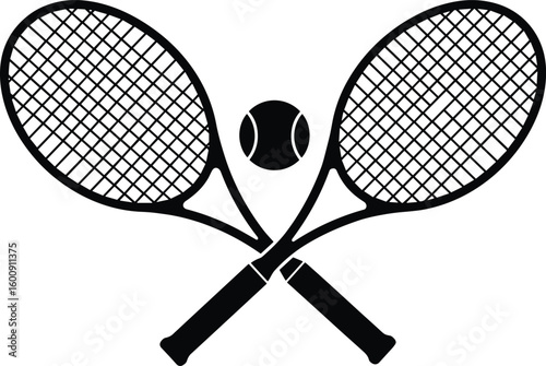 Tennis Rackets and Ball Silhouette, Crossed Sports Equipment Icon, Black Vector Clipart for Game Design, Athletic Branding, Tournament Poster, Fitness Editorial Graphic