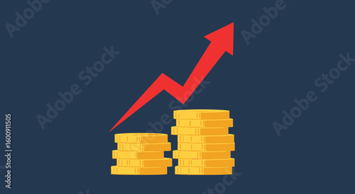 Gold Coin Stacks with Rising Red Arrow, Showing Financial Growth