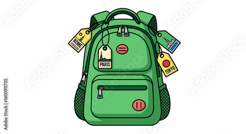 Green Travel Backpack with Destination Tags: Rome, Paris, Tokyo, and New York