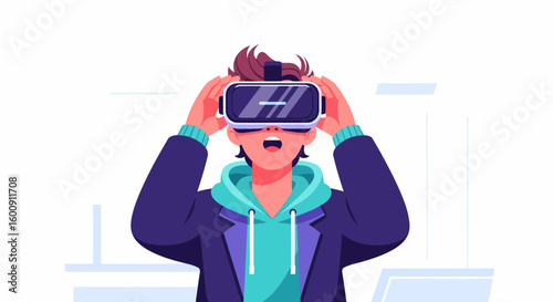 Excited Man Wearing VR Headset with Open Mouth and Hands Raised