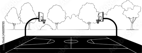 Basketball court in a park vector silhouette on white background
