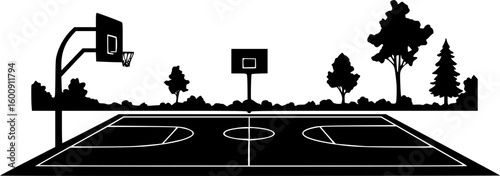 Basketball court in a park vector silhouette on white background
