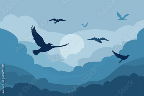 birds flying through morning mist