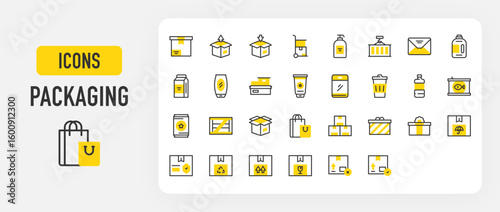 Packaging icons. Envelope, Packaging, Detergent, Lotion, Present, Shopping Bag, Drink, Canned Food, Water, Coffee Cup, Plastic Bag vector stroke illustration.	
