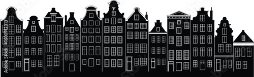 Amsterdam canal houses silhouette, black and white Dutch architecture, traditional European buildings, old city skyline vector, vintage urban facade art