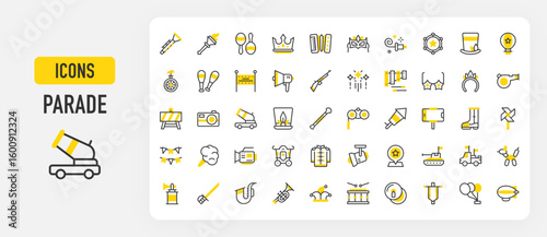 Parade icons. Baton, Tank, Fireworks, Location, Cotton Candy, Spotlight, Trumpet, Barrier, Hot Air Balloon, Pick Up, Air Horn, Sword, Joker Hat, Drum vector stroke illustration.	
