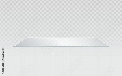 Realistic clear glass shelf or platform with subtle reflections, ideal for showcasing products, displaying information, or creating transparent backgrounds.