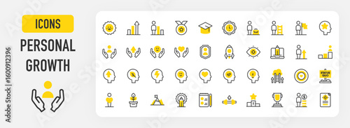 Personal growth icons. Growth, Person, Vision, Think, Status Quo, Notebook, Think Green, Education, Rocket, Cloud, Target, Plant, Mountain, Creativity, Weigh vector stroke illustration.