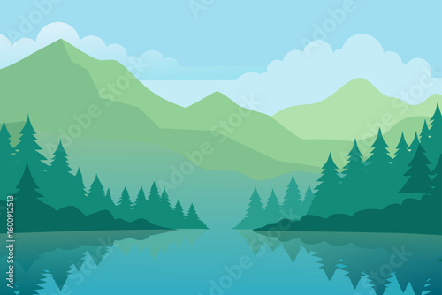 forest lake with morning fog