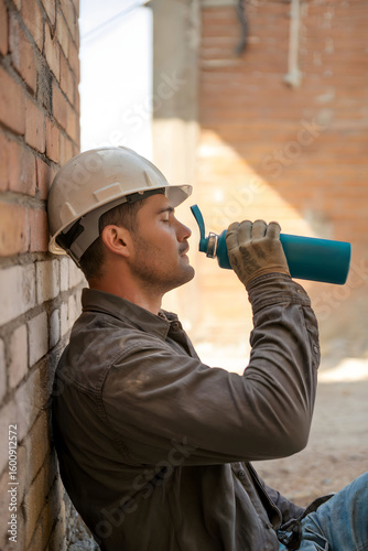 Construction Worker Taking a Hydration Break – Resting Against a Brick Wall After Labor in the Heat of the Day