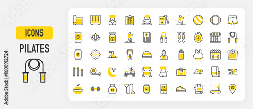 Pilates icons. Sneakers, Body, Pilates Ball, Timer, Sleep, Treadmill, Energy Drink, Kettlebell, Clipboard, Health Check, Mat, Locker Room, Hot Stones, Music vector stroke illustration.	
