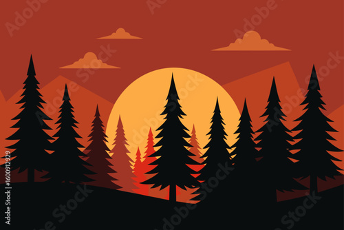 pine forest under sunset glow