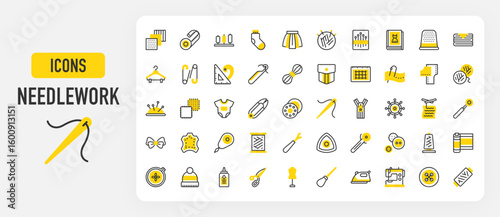 Needlework icons. Fabrics, Mannequin, Bow Tie, Ruler, Scissors, Beanie, Bobbin, Cutting Mat, Needle, Button, Baby Clothes, Crochet, Fabric, Pin Cushion, Iron vector stroke illustration.