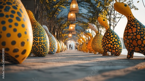 Quiet suburban street illuminated by lamp posts at night with modern houses lining the sidewalk and soft desert landscaping
